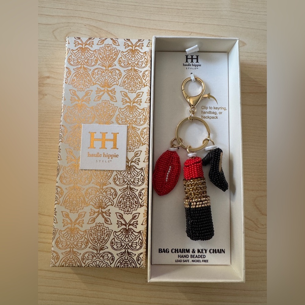 NEW!! Haute Hippie Beaded Lipstick Lips High Heel Shoe Purse Bag Clip On Charm